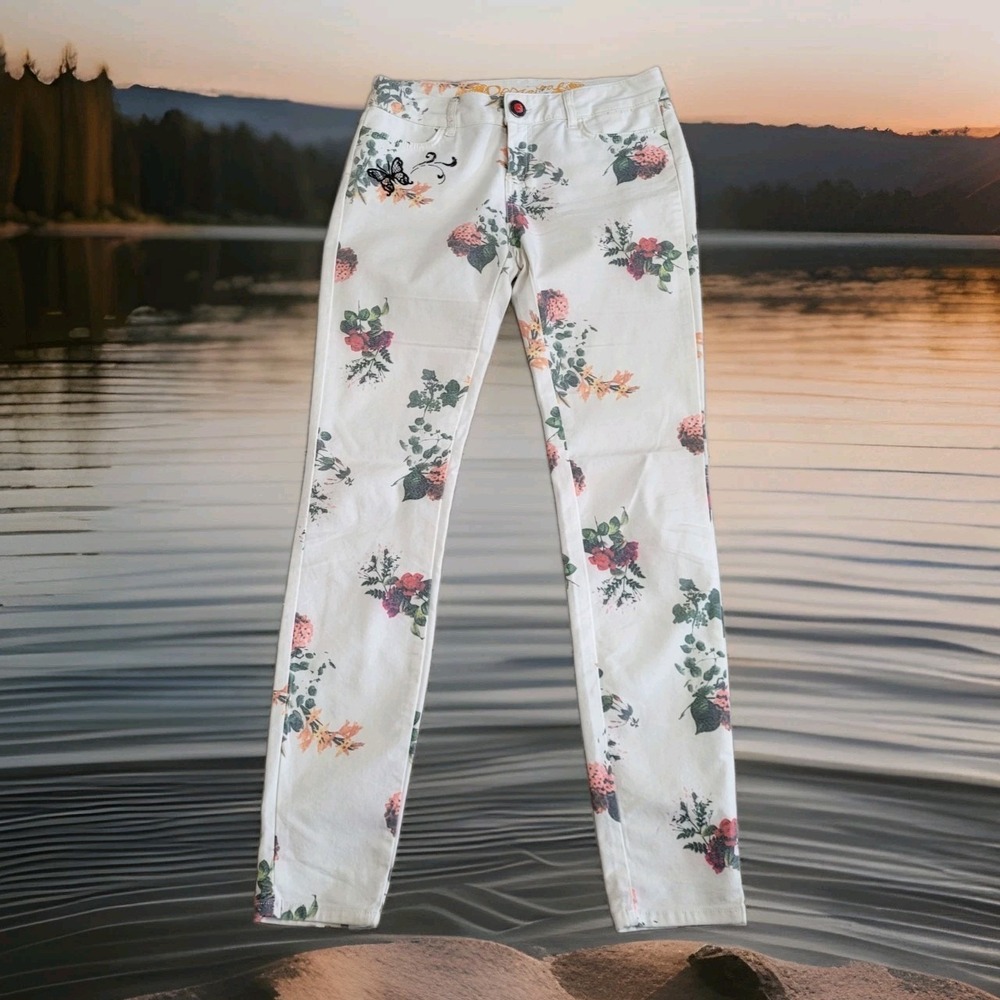 🌸‎ Desigual Pants Womens Artistic Floral Print Stretch Tapered 30x32 Boho Luxe